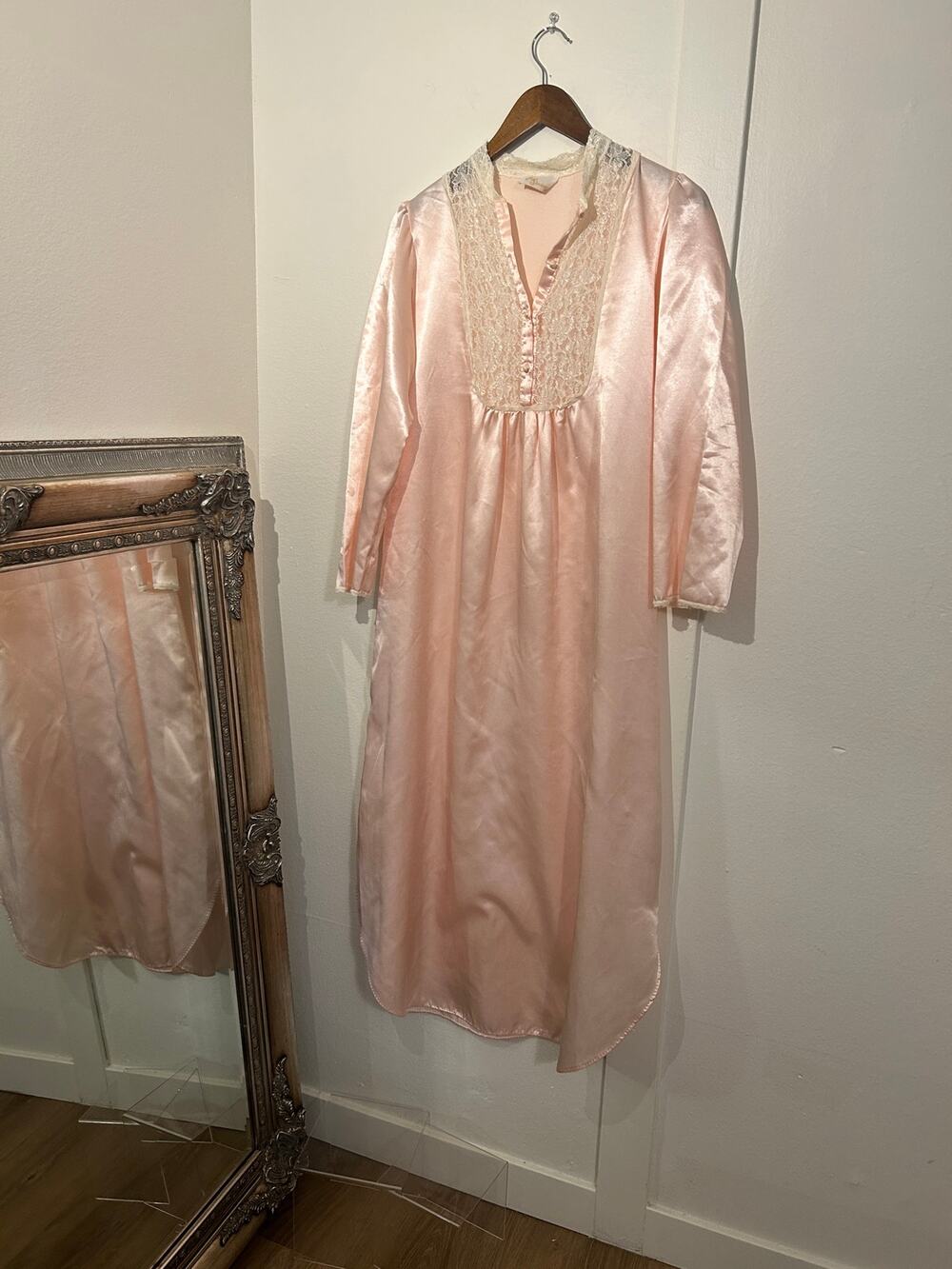 Vintage 80s Ilise Stevens Pink Satin Nightgown Lace Victorian S Coquette